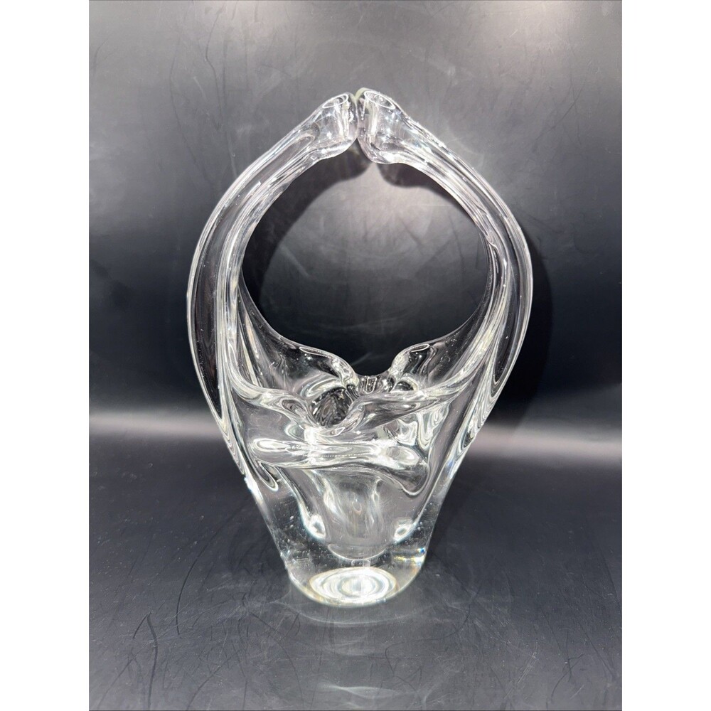 Vintage  Art Glass Basket Split Handled Hand Blown Clear Glass